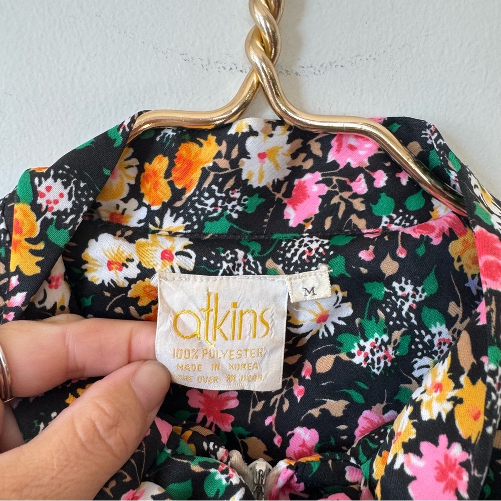 Vintage 70s Atkins Black Floral House coat Dress Muumuu Maxi Dress Pockets M - Picture 10 of 10